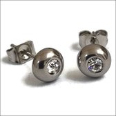 Zweerknopjes-oorbellen-rond met steentje-zilverkleurig-staal-6mm