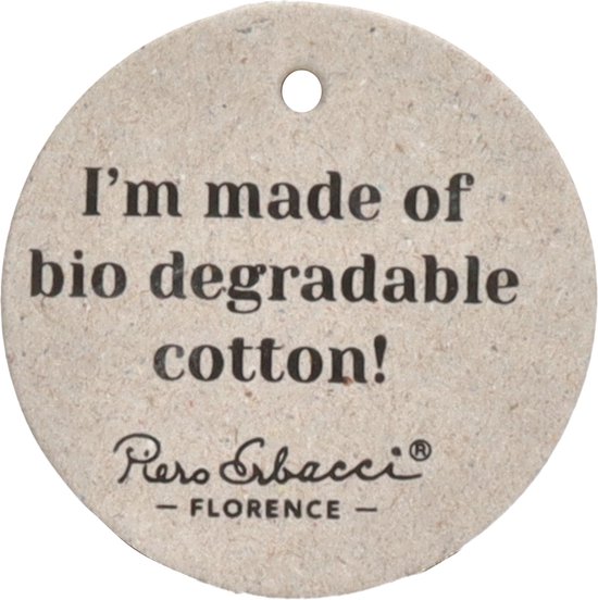 Ronde, beige kaart met tekst 'I'm made of bio degradable cotton!' en 'PE-Florence - FLORENCE'.