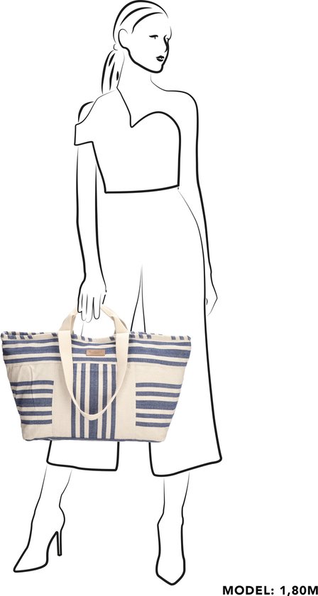 Schematische tekening van een vrouw (1.80m) die een grote gestreepte strandtas vasthoudt.