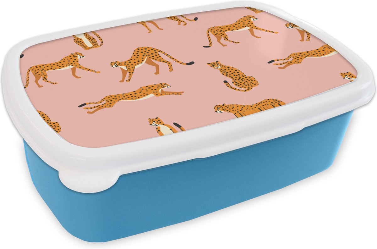 Broodtrommel Blauw - Lunchbox - Brooddoos - Cheetah - Patroon - Kat - 18x12x6 cm - Kinderen - Jongen