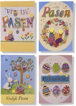 4 Luxe Paaskaarten Vrolijk Pasen Wenskaarten - 12x17cm - Dubbele Wenskaarten met 3D opdruk en Gekleurde envelop