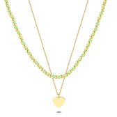 Twice As Nice Halsketting in goudkleurig edelstaal, dubbele ketting, groene kristallen, hart  38 cm+5 cm