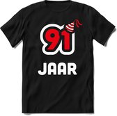 91 Jaar Feest kado T-Shirt Heren / Dames - Perfect Verjaardag Cadeau Shirt - Wit / Rood - Maat M