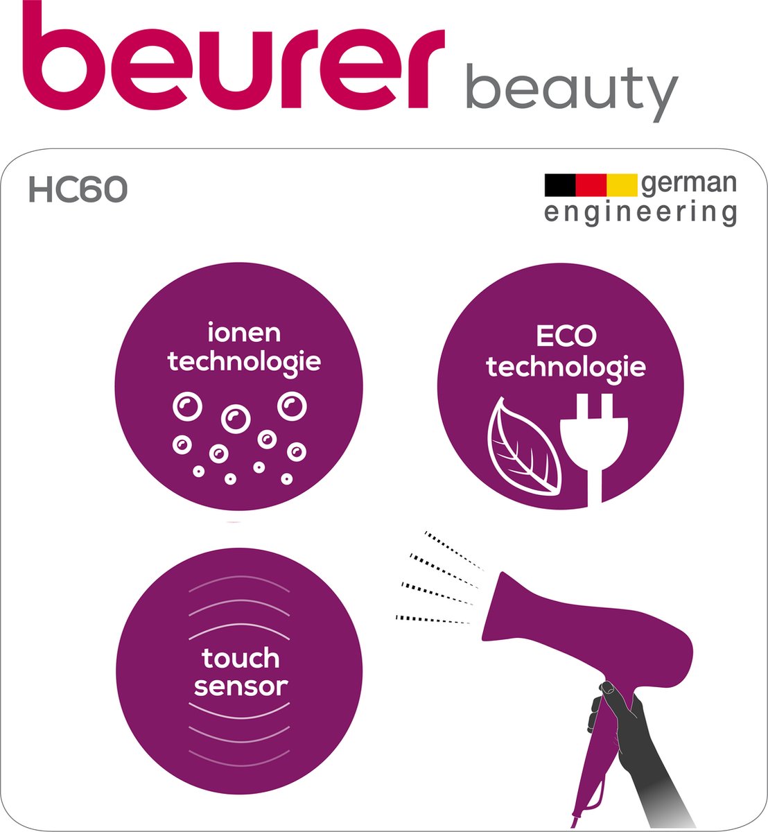 Beurer HC 60 Föhn - Haardroger – ECO: 1400 W verbruik 2000 W resultaat –  Touch sensor... | bol