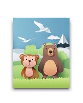 Schilderij  Aapje en beer met bergje en boompje rechts - dieren van papier / Jungle / Safari / 40x30cm