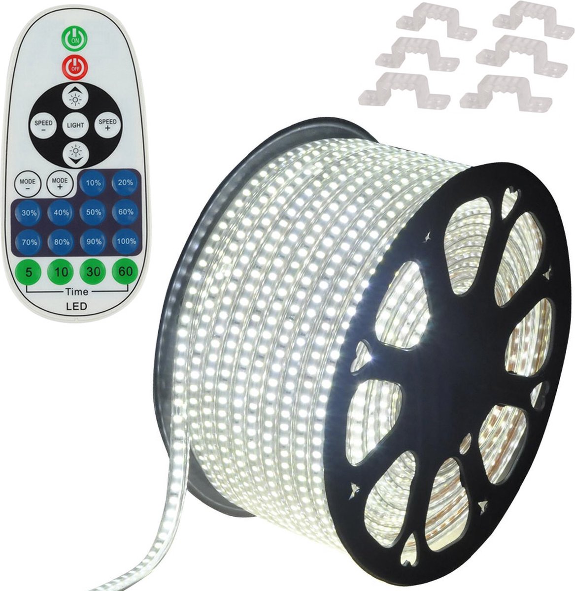 LED Strip Wit - 30 meter in een ROL - 220V - 2835SMD - 180L/M - IP65 - Met IR 23 knops afstandsbediening