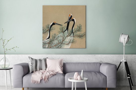 Toile Peinture Feuilles - Grue - Japonais - Vintage - 90x90 cm - Décoration murale
