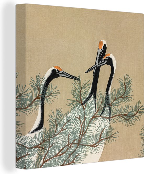 Toile Peinture Feuilles - Grue - Japonais - Vintage - 90x90 cm - Décoration murale