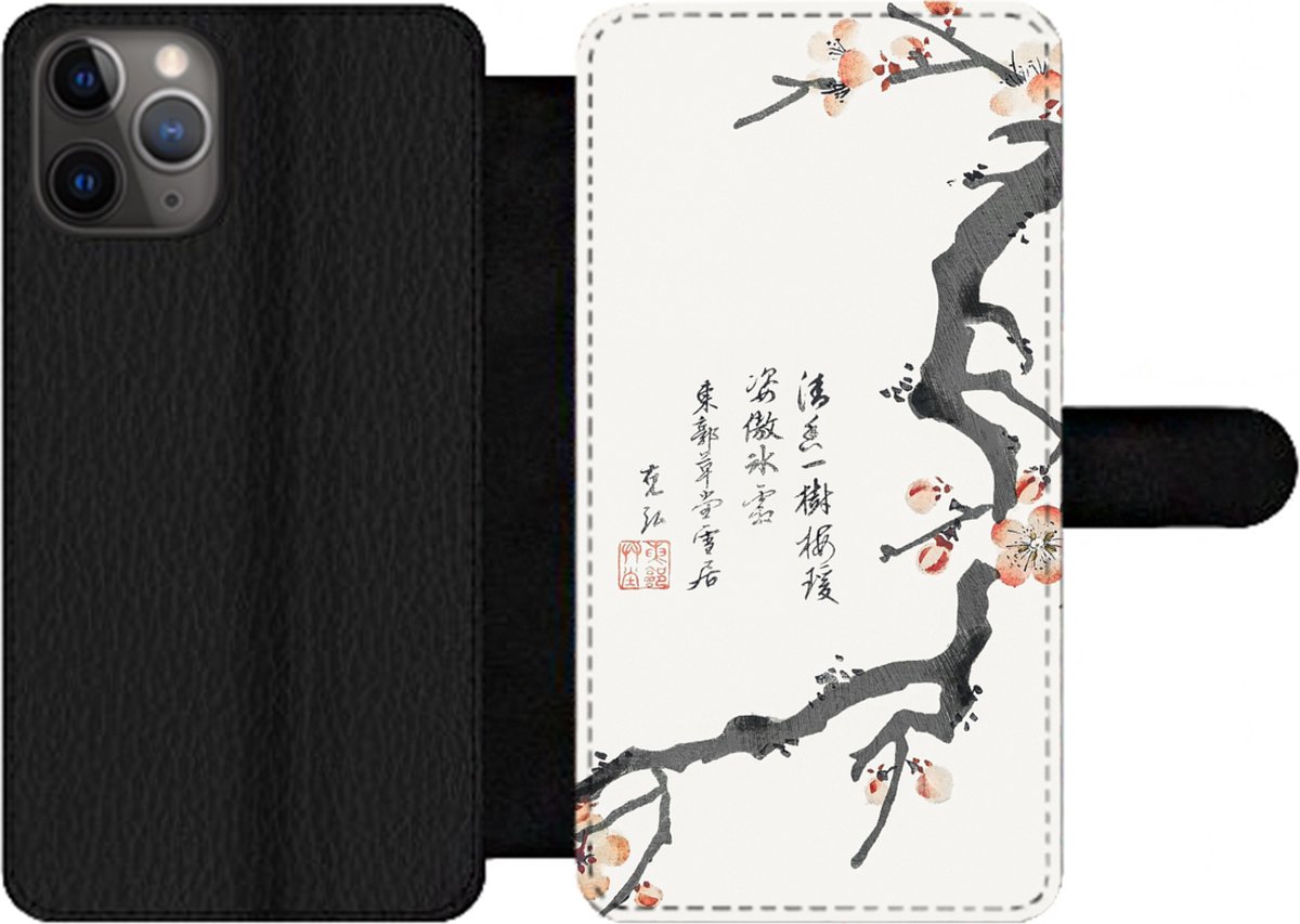 Telefoonhoesje Geschikt voor iPhone 11 Pro Max telefoonhoesje - Sakura - Tekens - Japan - Vintage - Met vakjes - Wallet case met magneetsluiting