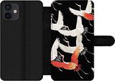 Étui pour téléphone iPhone 12 Bookcase - Japandi - Grue - Rouge - Wit - Avec compartiments - Étui portefeuille avec fermeture magnétique