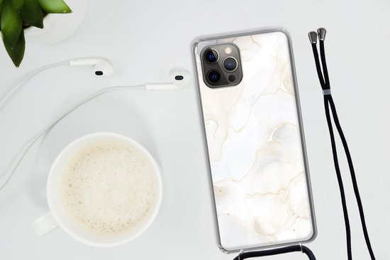 Cordon téléphonique - Chaîne téléphonique - Coque avec cordon iPhone 13 Pro Max - Marbre - Wit - Jaune - Siliconen - Bandoulière - Coque pour téléphone avec cordon