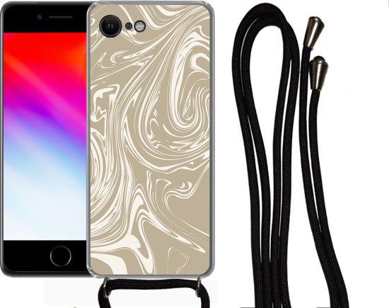 Cordon téléphonique - Chaîne téléphonique - Coque avec cordon iPhone SE 2020 - Marbre - Beige - Wit - Siliconen - Bandoulière - Coque pour téléphone avec cordon