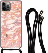 Coque avec cordon iPhone 13 Pro - Imprimé marbré - Wit - Rose - Siliconen - Bandoulière - Coque arrière avec cordon - Coque pour téléphone avec cordon - Coque avec corde