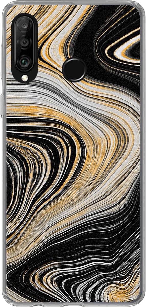 Telefoonhoesje Geschikt voor Huawei P30 Lite hoesje - Marmer print - Goud - Grijs - Siliconen Telefoonhoesje Telefoonhoesje