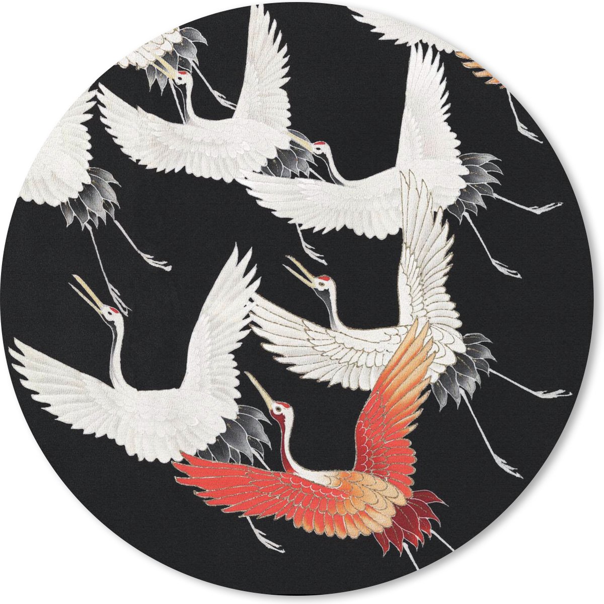 Muismat rond 50x50 cm - Mousepad Kraanvogel - Japans - Rood - Wit - Ronde muismatten
