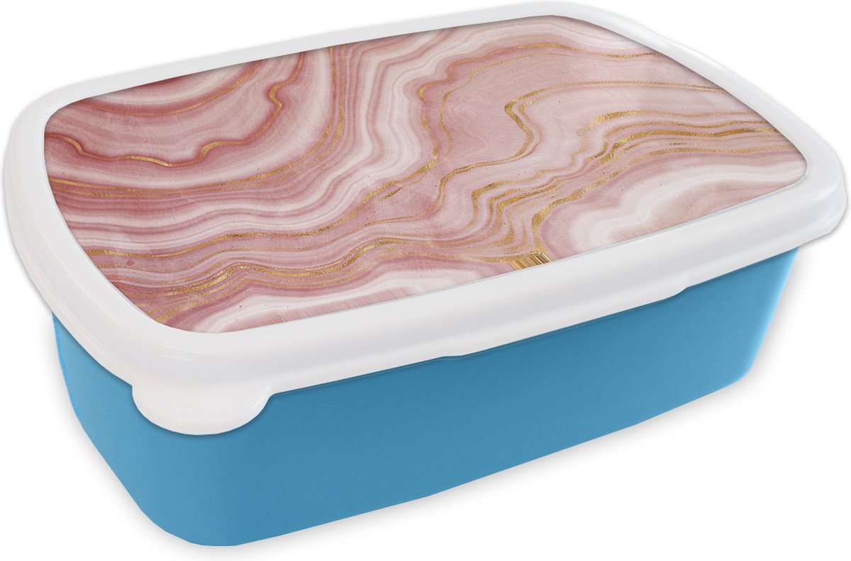 Broodtrommel Blauw - Lunchbox - Brooddoos - Marmer - Goud - Roze - 18x12x6 cm - Kinderen - Jongen