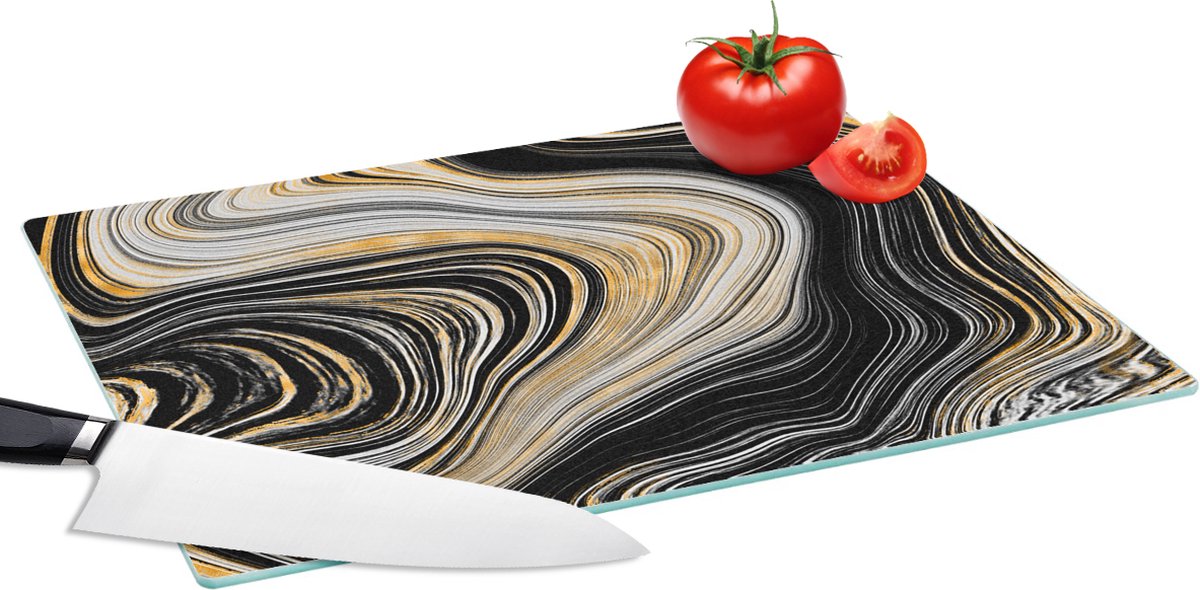 Glazen Snijplank - 39x28 - Marmer - Gouden - Zwart - Snijplanken Glas