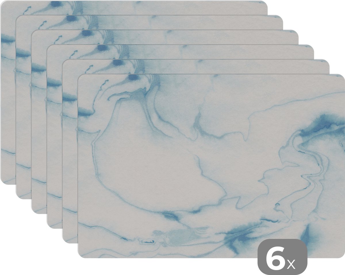 Placemat - Placemats kunststof - Marmer - Blauw - Wit - 45x30 cm - 6 stuks - Hittebestendig - Anti-Slip - Onderlegger - Afneembaar