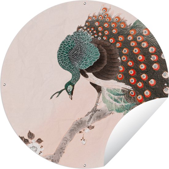 Tuincirkel Pauwenveren - Vintage - Pauw - Bloemen - Japans - 150x150 cm - Ronde Tuinposter - Buiten