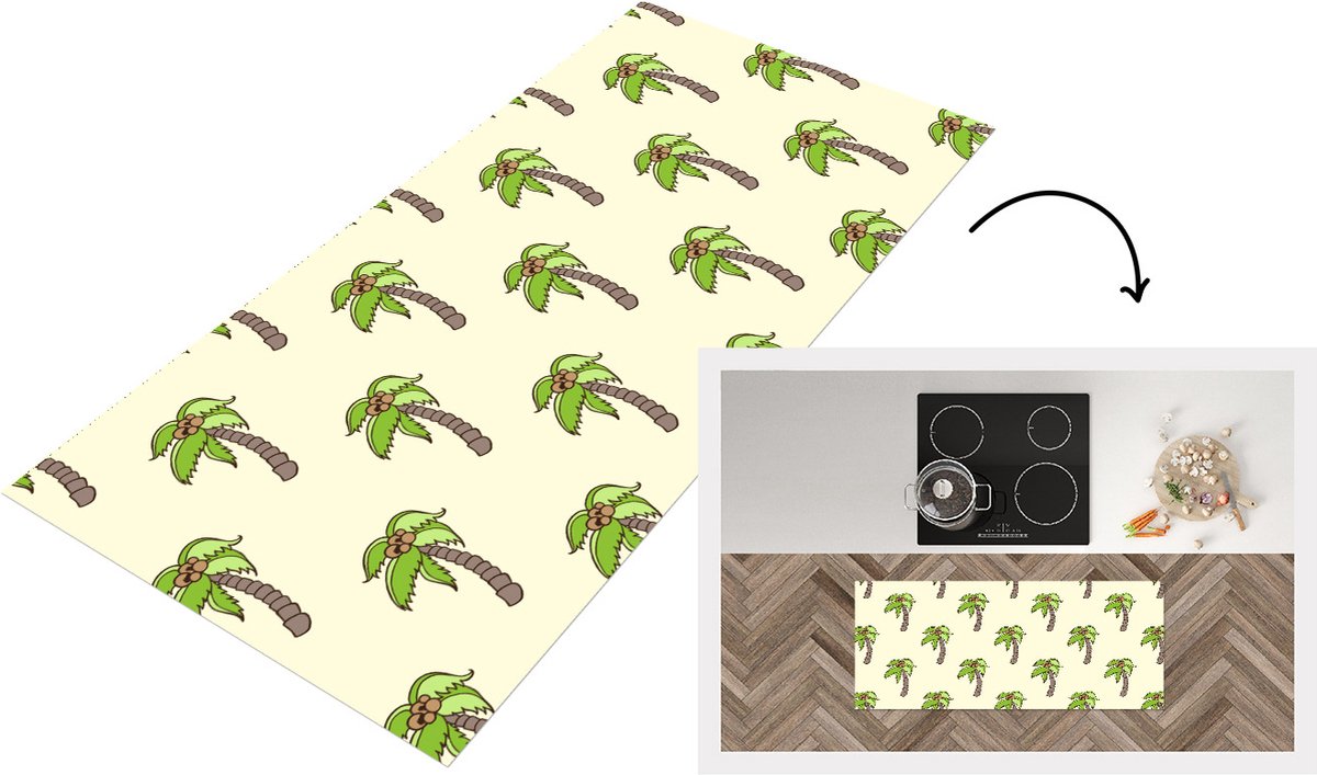 KitchenYeah Keukenloper - Loper keuken - Palmboom - Patronen - Kokosnoot - Tropisch - 120x50 cm - Keukenloper vinyl Multicolor
