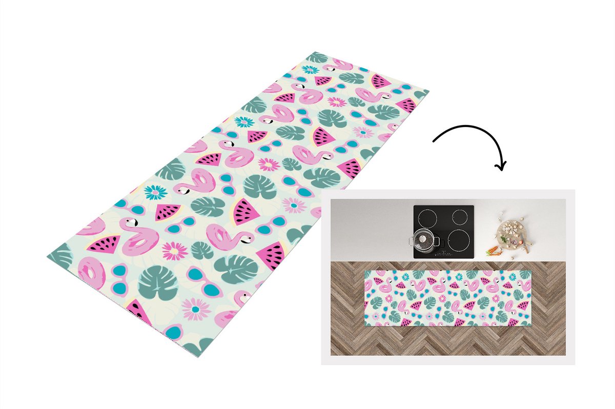 KitchenYeah Keukenloper - Loper keuken - Zomer - Patroon - Flamingo - Monstera - 150x50 cm - Keukenloper vinyl Multicolor