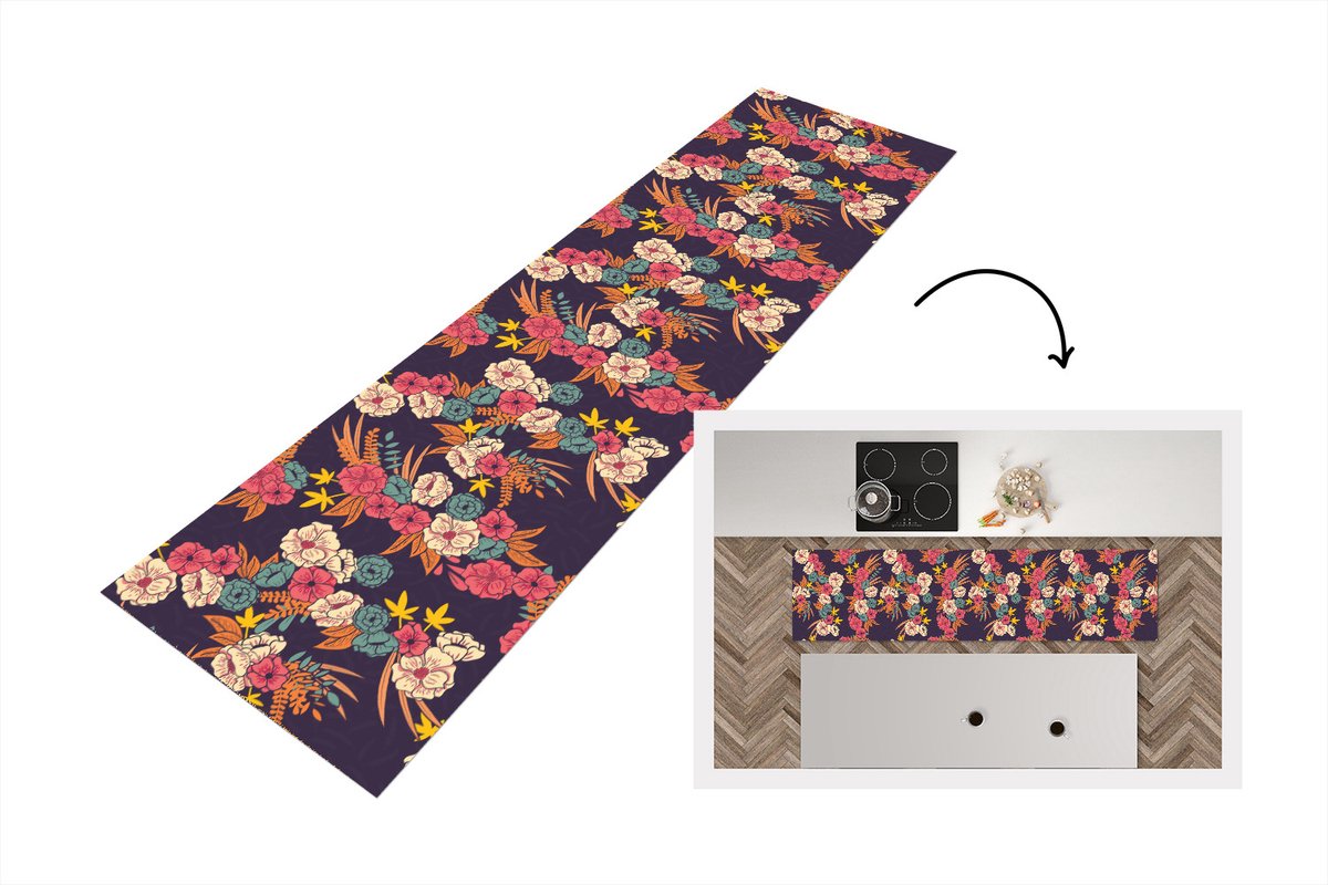 KitchenYeah Keukenloper - Loper keuken - Boeket - Bloemen - Tropisch - Patroon - 240x60 cm - Keukenloper vinyl Multicolor