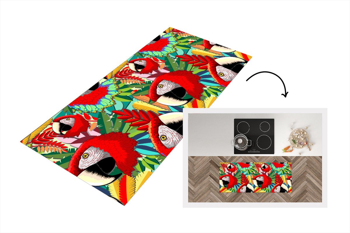 KitchenYeah Keukenloper - Loper keuken - Jungle - Papegaai - Vogels - Design - 120x50 cm - Keukenloper vinyl Multicolor