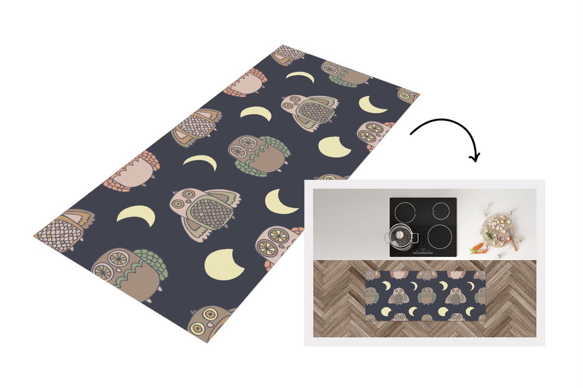 KitchenYeah Keukenloper - Loper keuken - Uil - Patronen - Maan - 120x50 cm - Keukenloper vinyl Multicolor