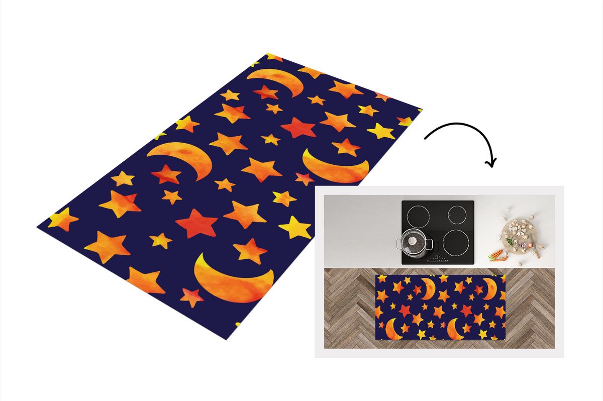 KitchenYeah Keukenloper - Loper keuken - Sterren - Nacht - Patronen - Kind - 120x60 cm - Keukenloper vinyl Multicolor