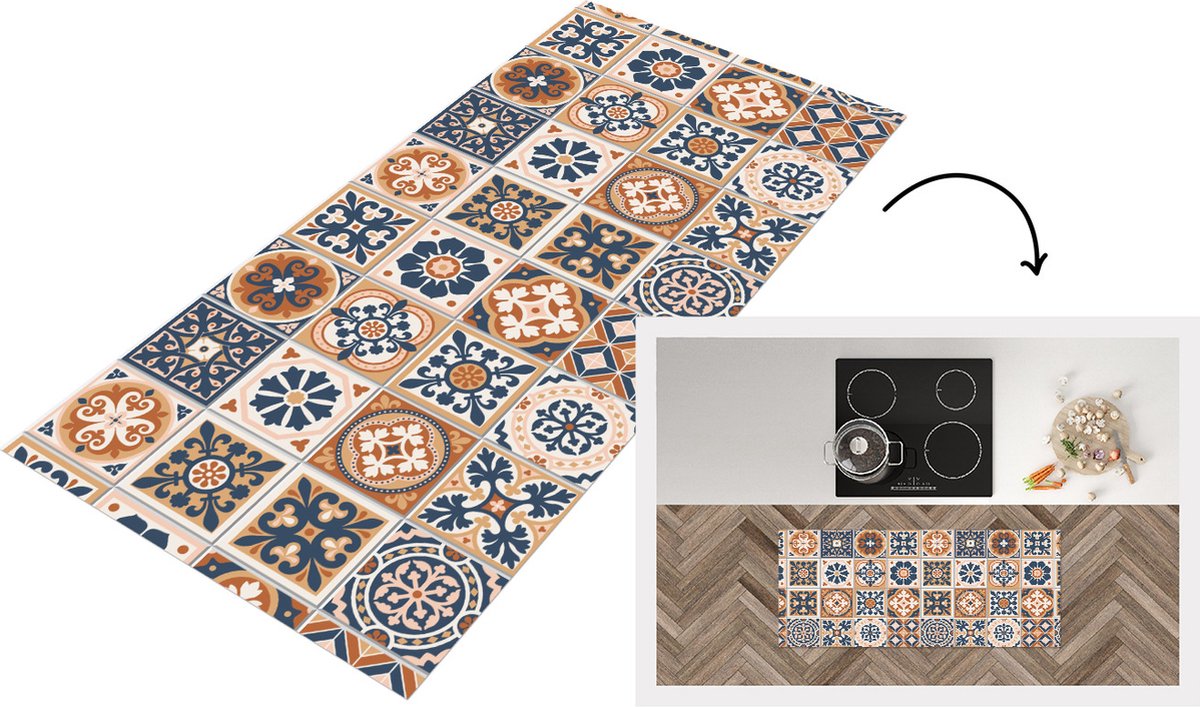 KitchenYeah Keukenloper - Loper keuken - Tegels - Patronen - Middellandse Zee - 120x50 cm - Keukenloper vinyl Multicolor