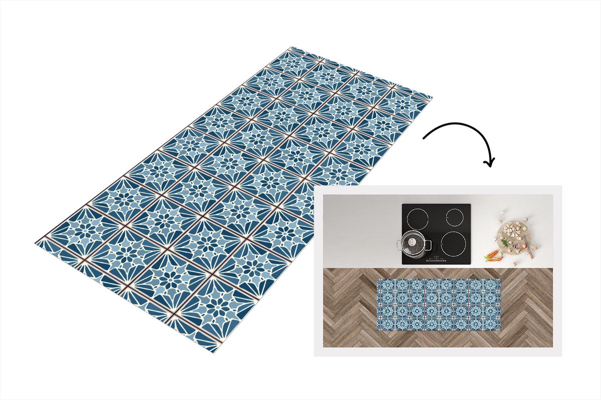 KitchenYeah Keukenloper - Loper keuken - Blauw - Patronen - Tegel - 120x50 cm - Keukenloper vinyl Multicolor