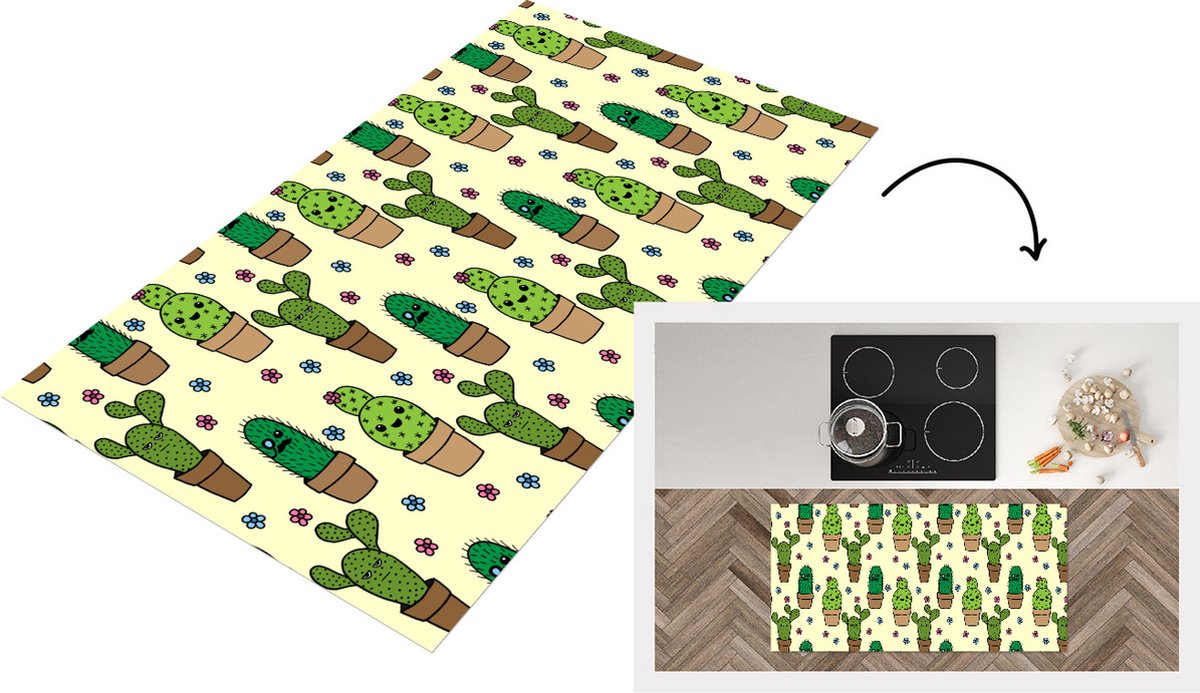 KitchenYeah Keukenloper - Loper keuken - Patronen - Cactus - Bloemen - 120x60 cm - Keukenloper vinyl Multicolor