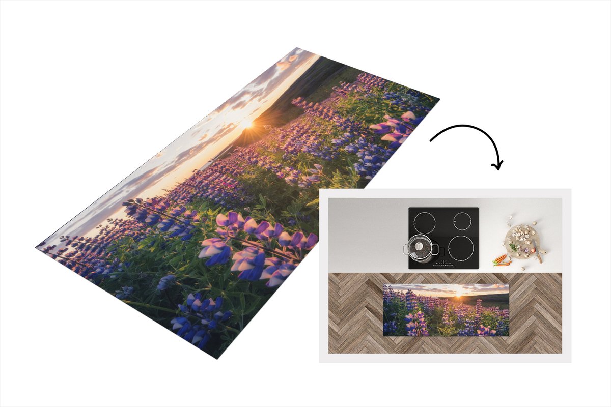 KitchenYeah Keukenloper - Loper keuken - Lupine - Zon - Paars - 120x50 cm - Keukenloper vinyl Multicolor