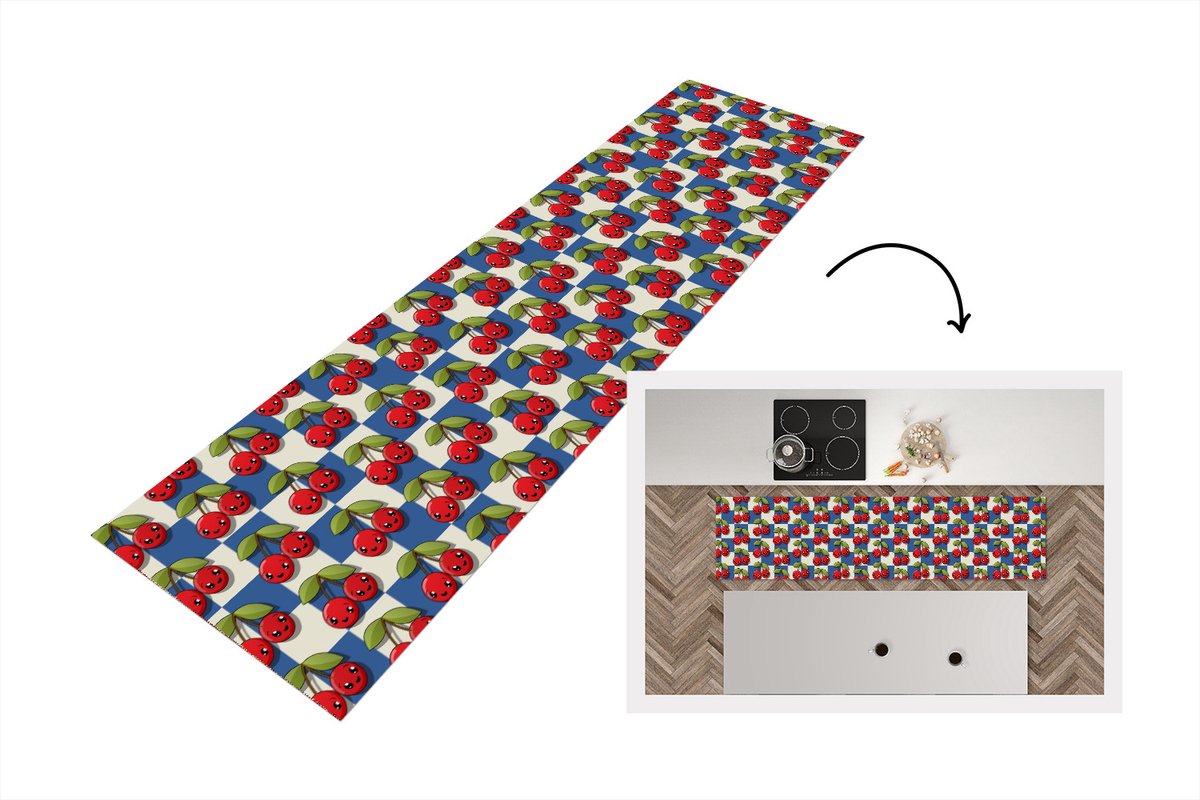 Keukenloper - Loper keuken - Meiden - Kers - Eten - Patronen - 240x60 cm - Keukenloper vin