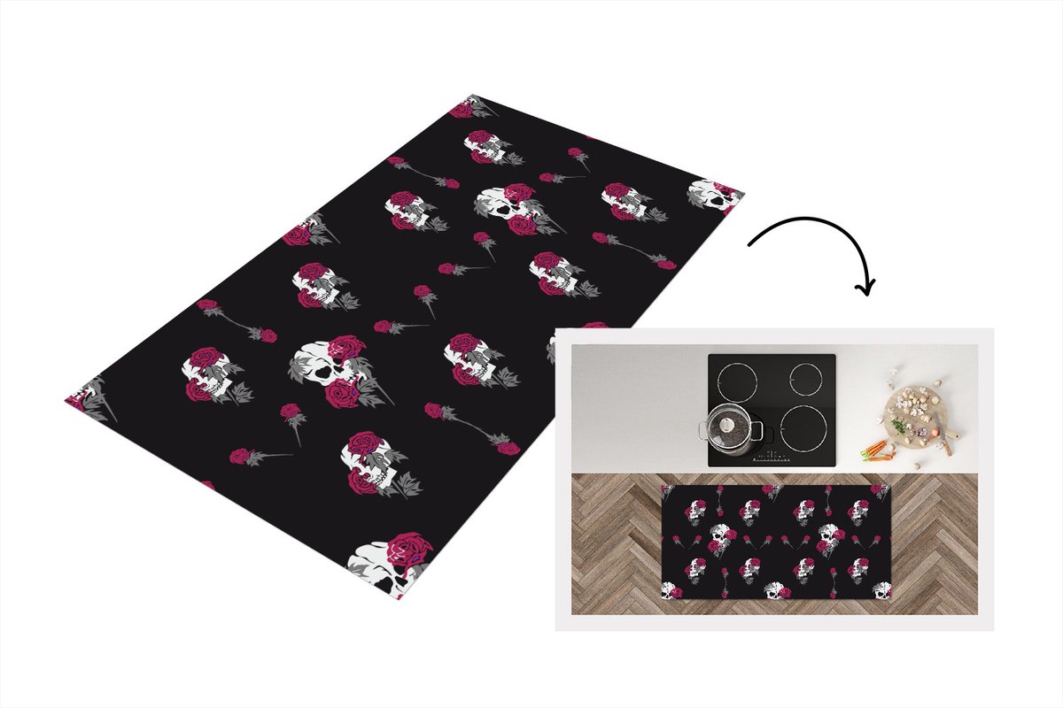 KitchenYeah Keukenloper - Loper keuken - Meiden - Skull - Rozen - Patronen - 120x60 cm - Keukenloper vinyl Multicolor