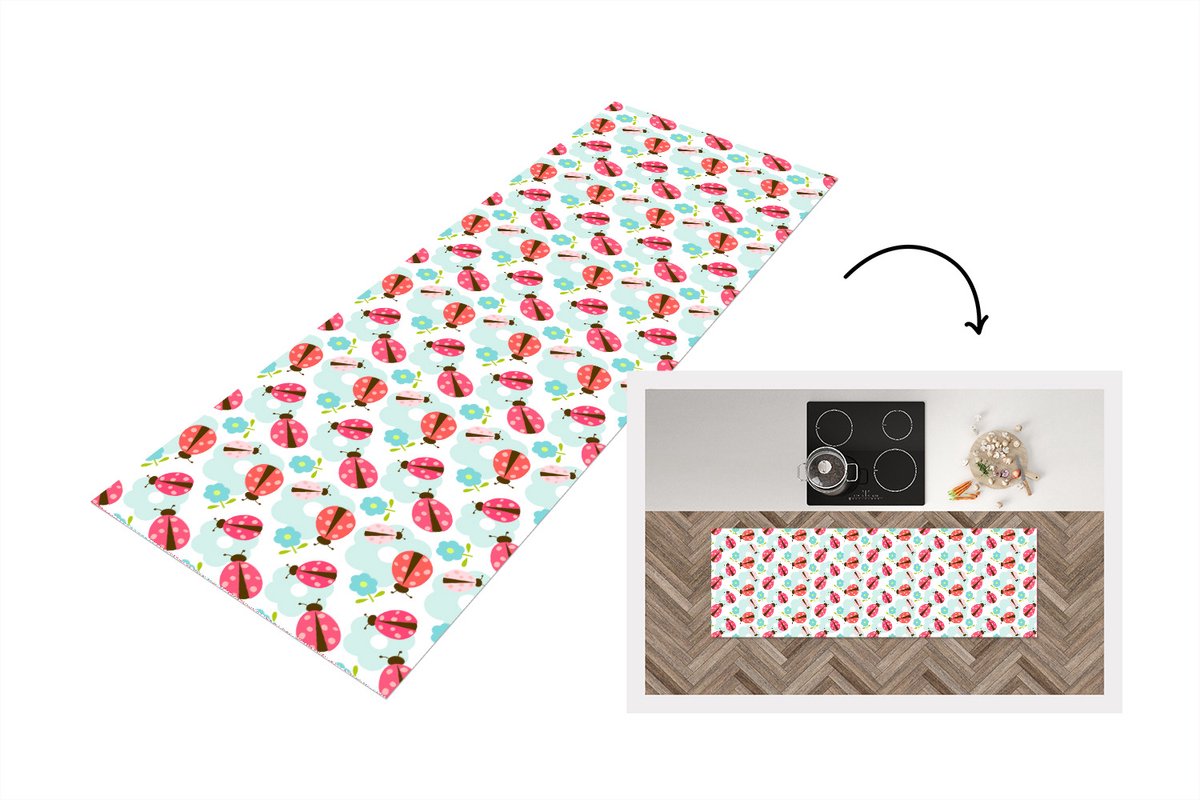 KitchenYeah Keukenloper - Loper keuken - Meiden - Lieveheersbeestje - Bloemen - Patronen - 150x50 cm - Keukenloper vinyl Multicolor