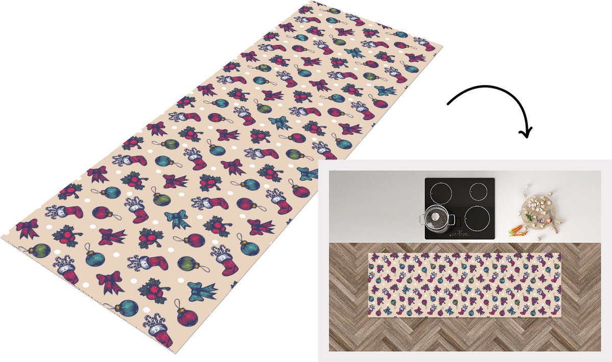 KitchenYeah Keukenloper - Loper keuken - Patronen - Kerst - Kerstballen - Strik - 150x50 cm - Keukenloper vinyl Multicolor