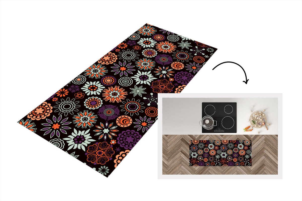 KitchenYeah Keukenloper - Loper keuken - Retro - Bloemen - Regenboog - Boho - Patronen - 120x50 cm - Keukenloper vinyl Multicolor