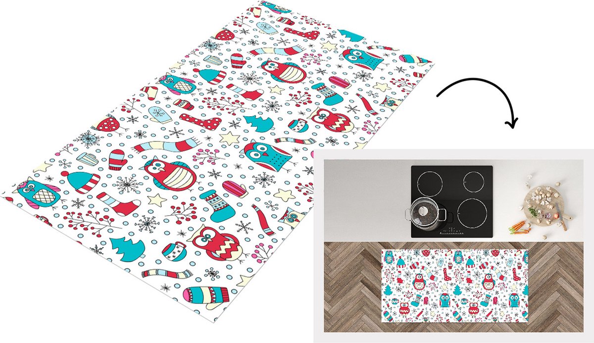 KitchenYeah Keukenloper - Loper keuken - Patronen - Uil - Kerst - 120x60 cm - Keukenloper vinyl Multicolor