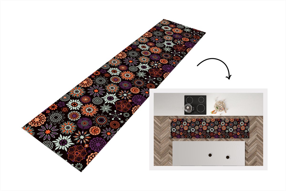 KitchenYeah Keukenloper - Loper keuken - Retro - Bloemen - Regenboog - Boho - Patronen - 240x60 cm - Keukenloper vinyl Multicolor