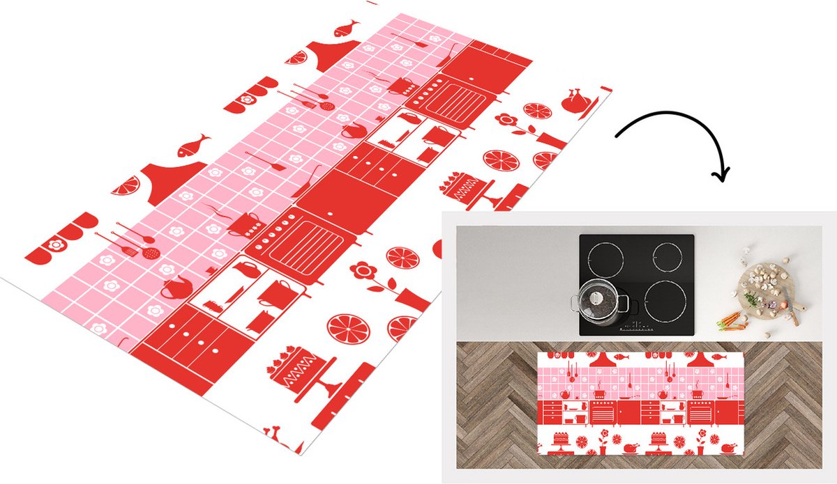 KitchenYeah Keukenloper - Loper keuken - Patronen - Pannen - Design - Huis - Roze - 120x60 cm - Keukenloper vinyl Multicolor