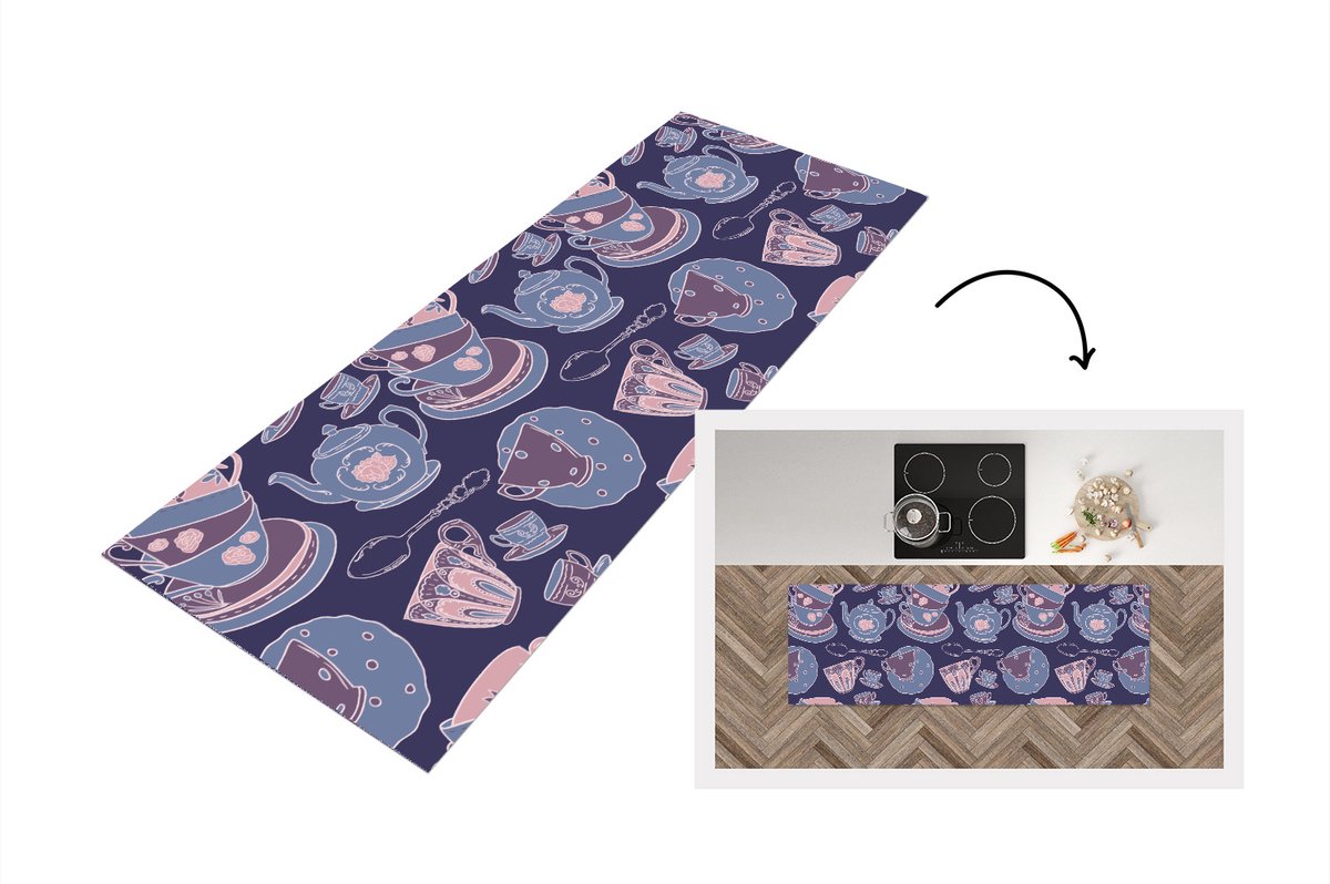 KitchenYeah Keukenloper - Loper keuken - Patroon - Thee - Kop - Theepot - 180x60 cm - Keukenloper vinyl Multicolor