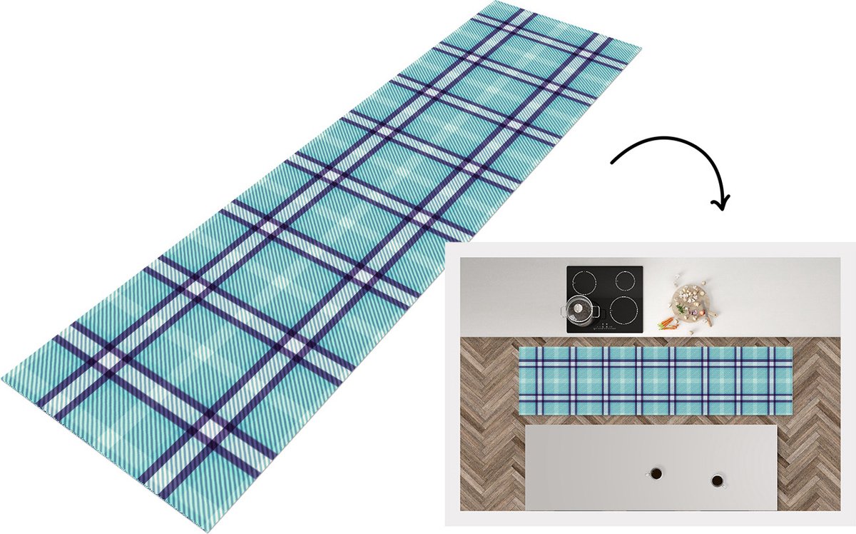 KitchenYeah Keukenloper - Loper keuken - Plaid - Blauw - Patronen - Schotse ruit - 240x60 cm - Keukenloper vinyl Multicolor