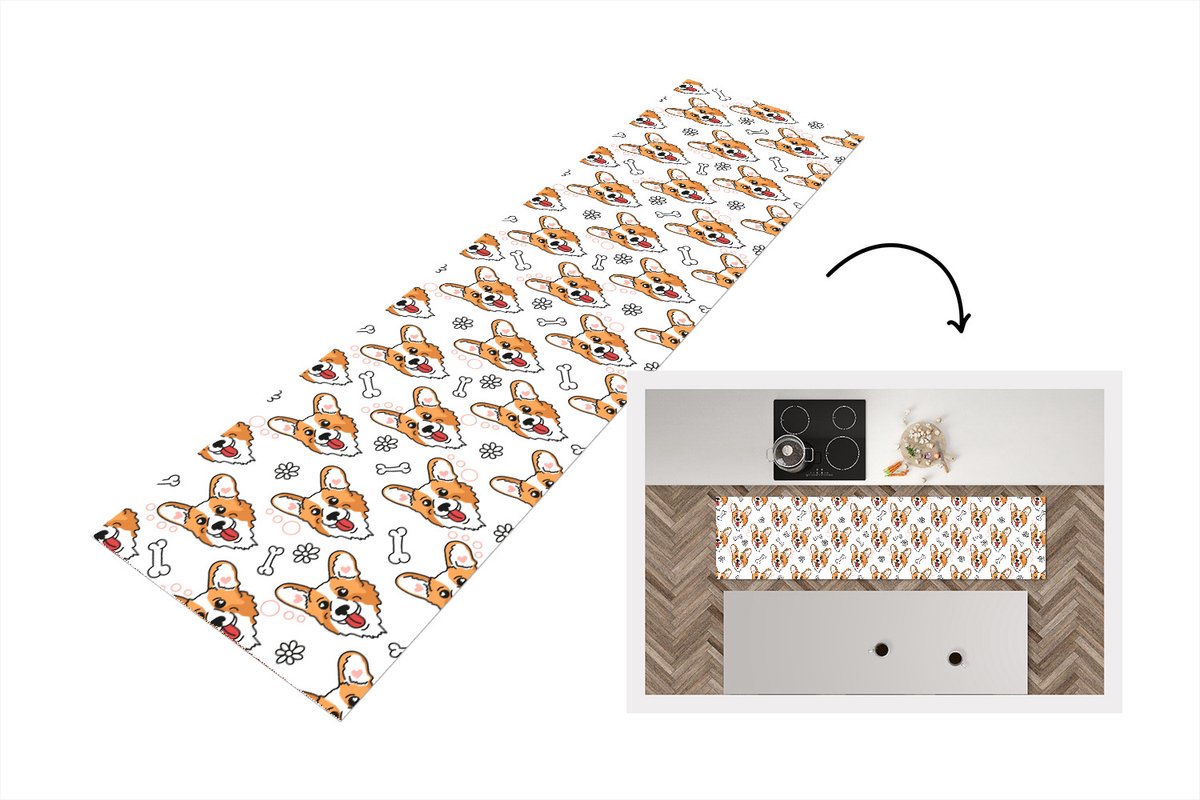 KitchenYeah Keukenloper - Loper keuken - Patronen - Hond - Corgi - 200x50 cm - Keukenloper vinyl Multicolor