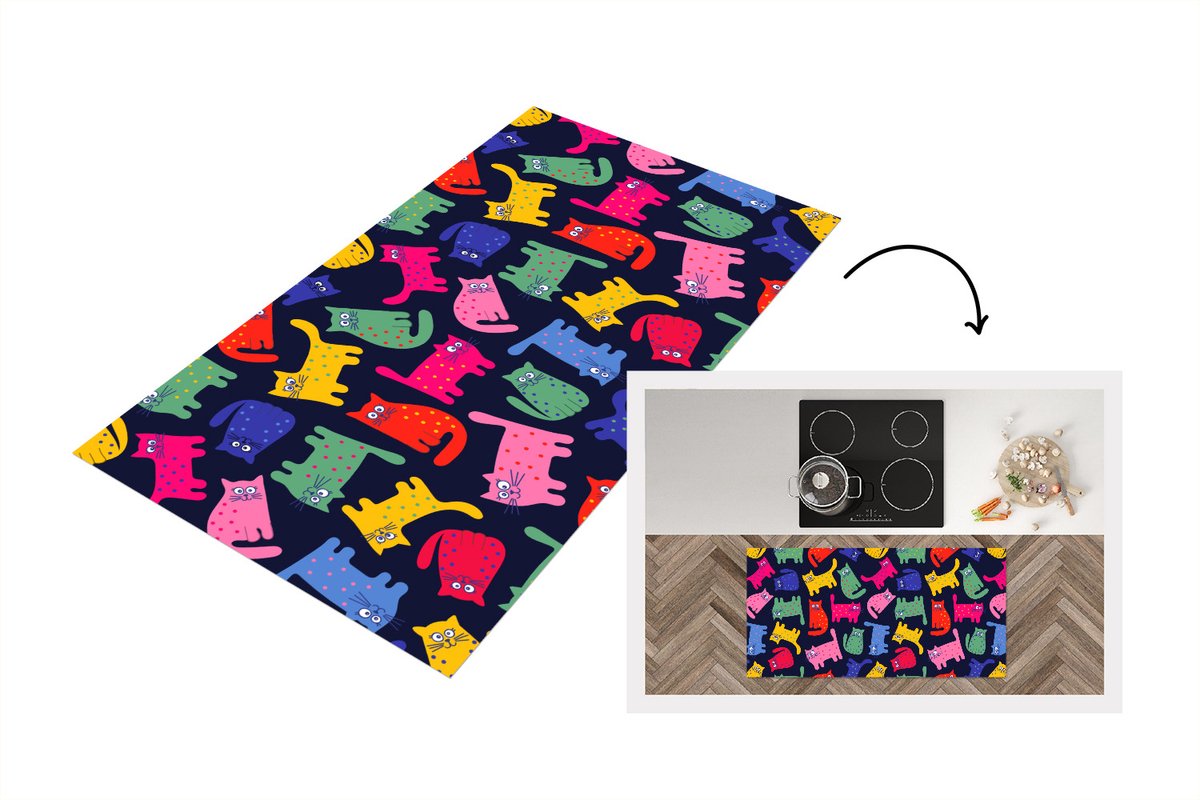 KitchenYeah Keukenloper - Loper keuken - Patronen - Kat - Regenboog - 120x60 cm - Keukenloper vinyl Multicolor