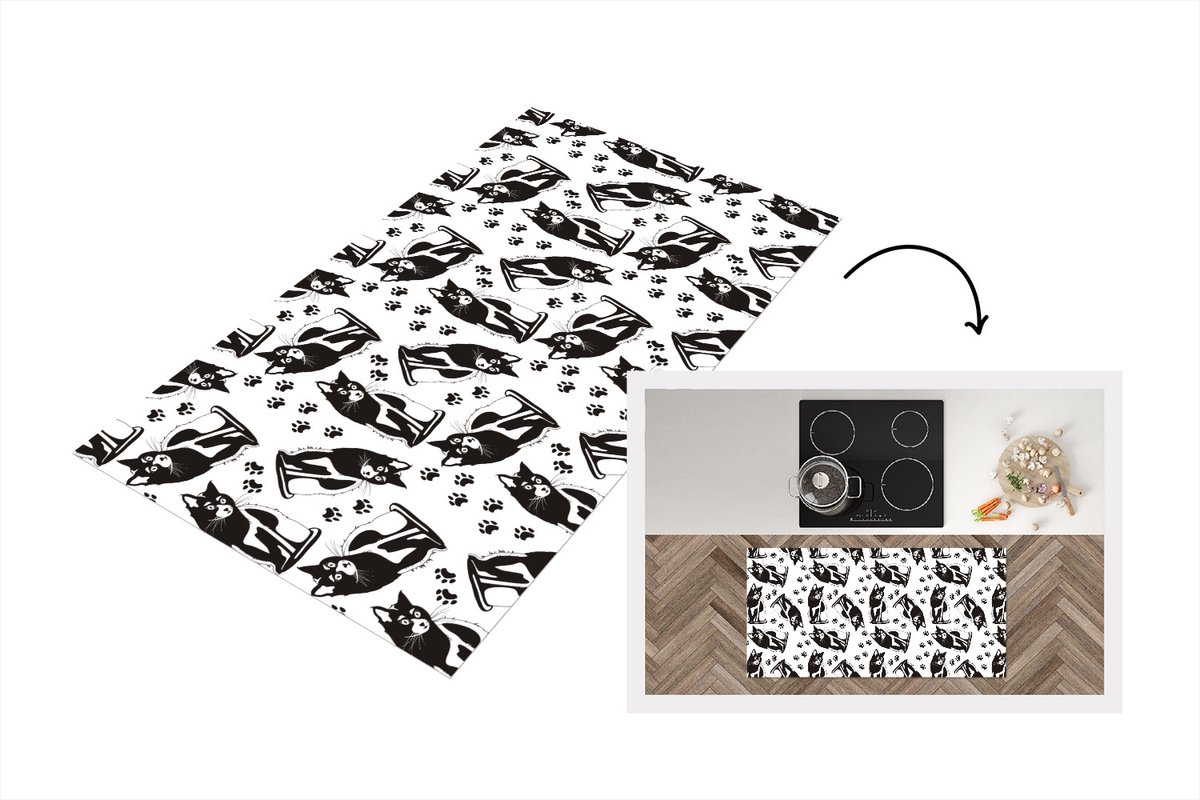 KitchenYeah Keukenloper - Loper keuken - Patronen - Kat - Zwart - Wit - 120x60 cm - Keukenloper vinyl Multicolor