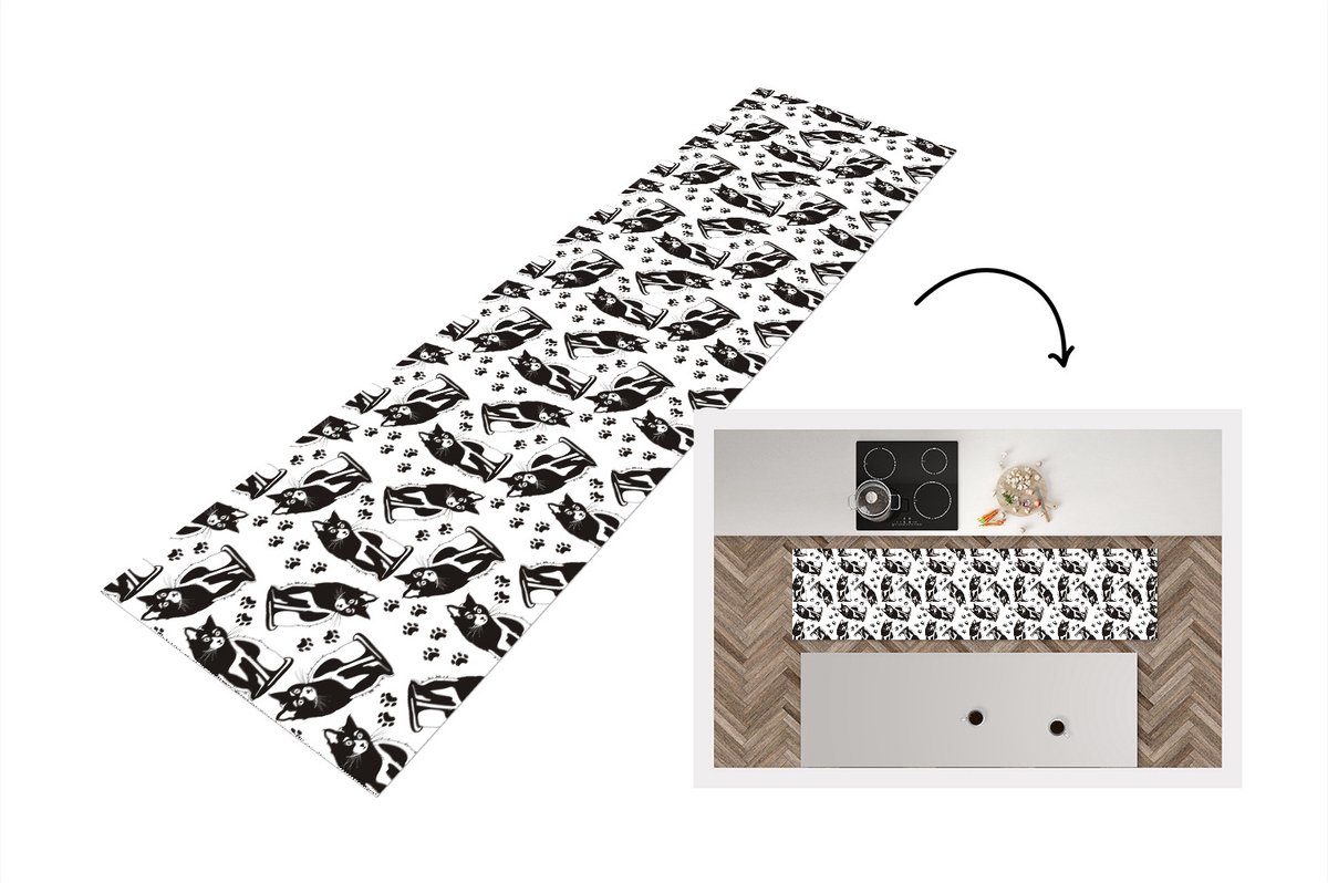 KitchenYeah Keukenloper - Loper keuken - Patronen - Kat - Zwart - Wit - Keukenloper vinyl, foto 6