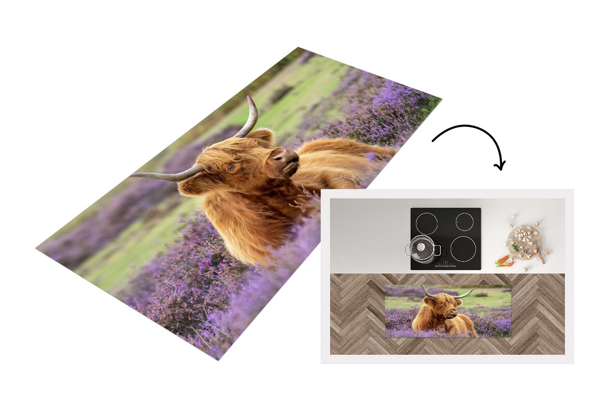 KitchenYeah Keukenloper - Loper keuken - Schotse hooglander - Bloemen - Licht - 120x50 cm - Keukenloper vinyl Multicolor