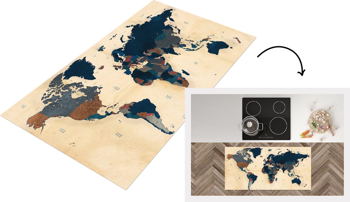 KitchenYeah Keukenloper - Loper keuken - Wereldkaart - Vintage - Papyrus - 120x60 cm - Keukenloper vinyl Multicolor