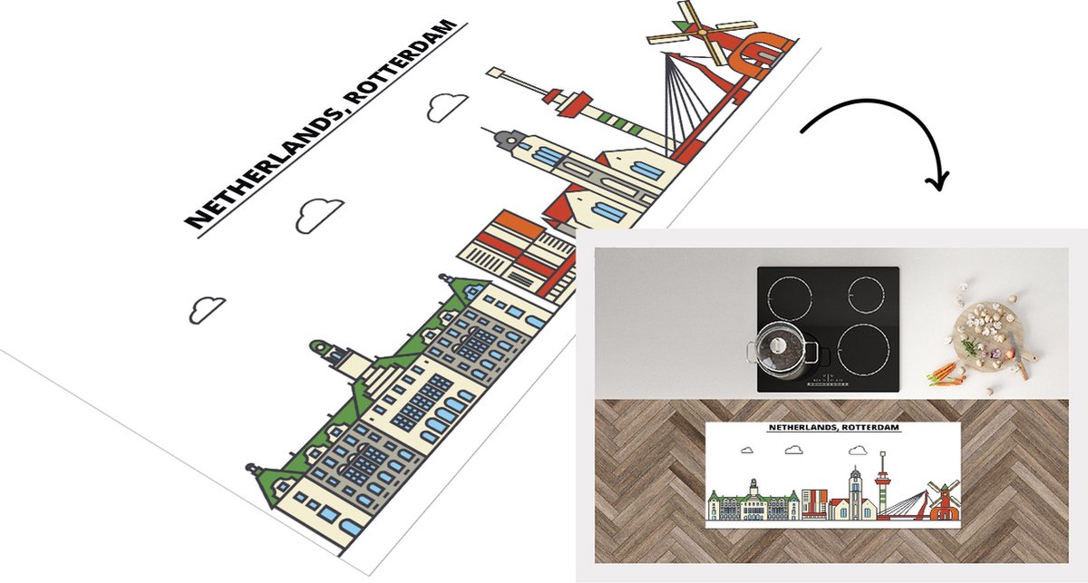 KitchenYeah Keukenloper - Loper keuken - Rotterdam - Skyline - Urban - 120x50 cm - Keukenloper vinyl Multicolor